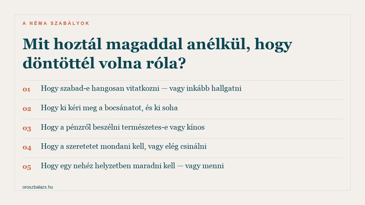 Öt néma szabály, amit a szülők kapcsolatából hozunk: szabad-e vitatkozni, ki kér bocsánatot, beszélhetünk-e a pénzről, kimondjuk-e a szeretetet, és nehéz helyzetben maradni vagy menni kell