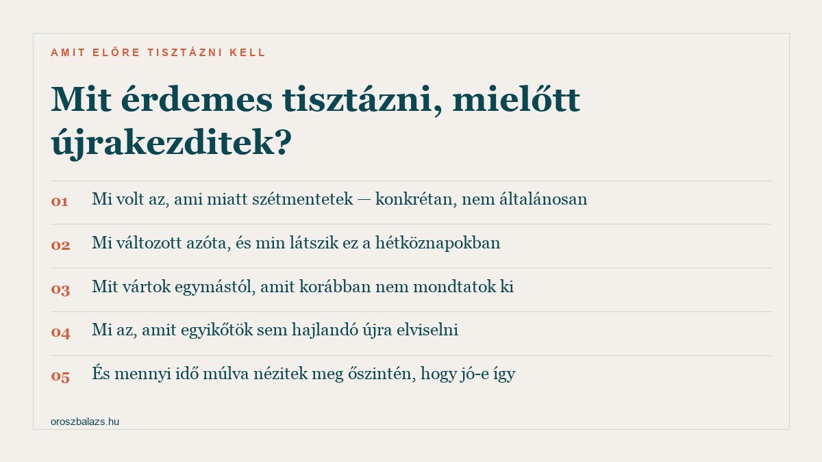 Öt dolog, amit tisztázni kell egy szakítás utáni újrakezdés előtt: mi volt konkrétan az ok, mi változott azóta, mit vártok egymástól, mit nem vagytok hajlandók újra elviselni, és mikor nézitek meg őszintén hogy jó-e így