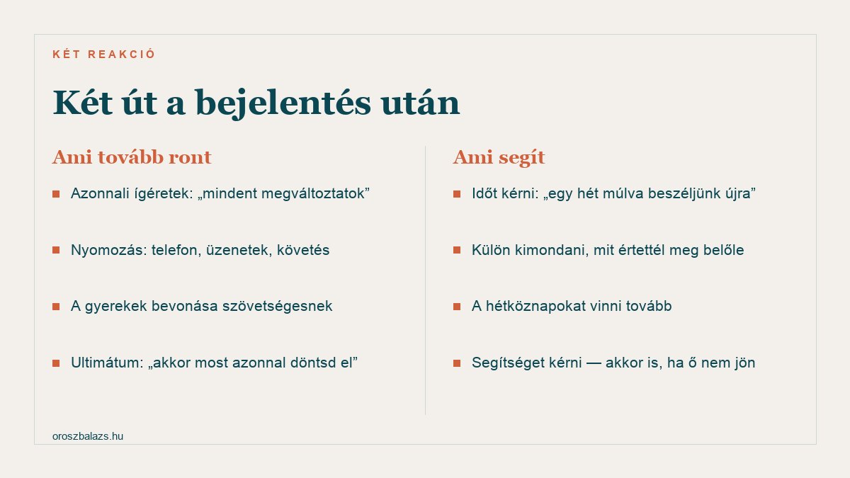 Ami tovább ront: azonnali ígéretek, nyomozás a telefonban, a gyerekek bevonása, ultimátum. Ami segít: időt kérni, külön kimondani mit értettél meg, a hétköznapokat vinni tovább, segítséget kérni