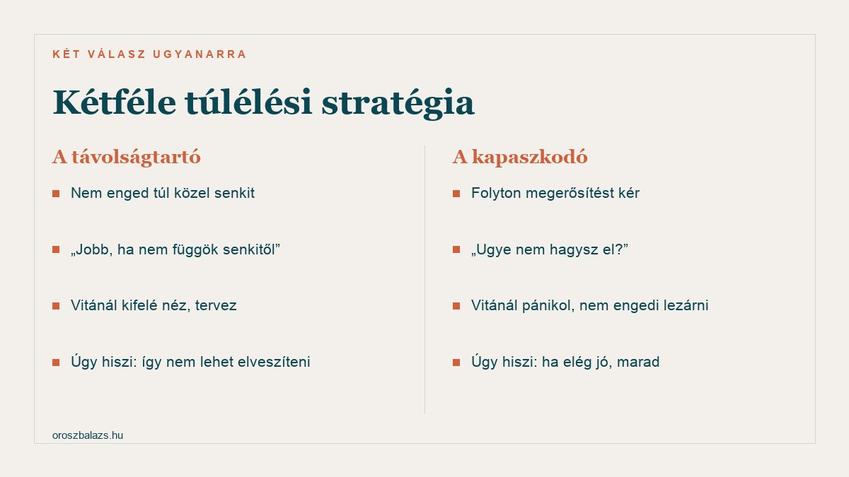 A távolságtartó: nem enged közel senkit, jobb ha nem függök senkitől, vitánál kifelé néz és tervez, úgy hiszi így nem lehet elveszíteni. A kapaszkodó: folyton megerősítést kér, ugye nem hagysz el, vitánál pánikol és nem engedi lezárni, úgy hiszi ha elég jó marad