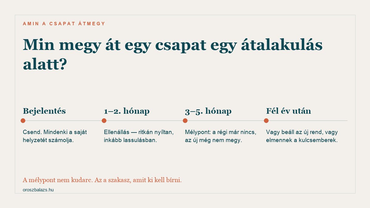Amin egy csapat átmegy egy szervezeti átalakulás alatt: a bejelentésnél csend és fejszámolás, egy-két hónap múlva rejtett ellenállás lassulásban, három-öt hónapnál mélypont, fél év után vagy beáll az új rend vagy elmennek a kulcsemberek