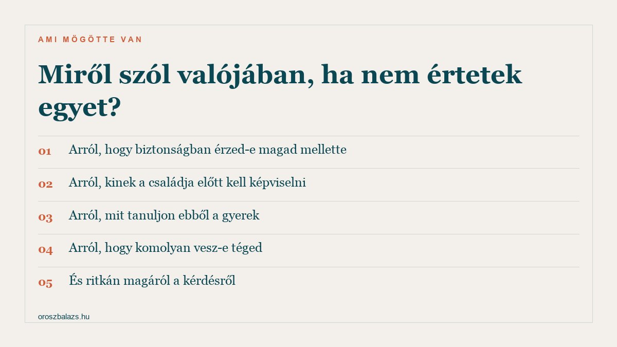Öt réteg: arról szól hogy biztonságban érzed-e magad mellette, kinek a családja előtt kell képviselni, mit tanuljon ebből a gyerek, hogy komolyan vesz-e téged, és ritkán magáról a kérdésről